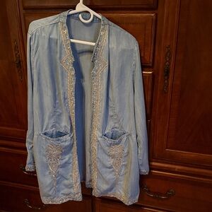 Embroidered Light Blue Jean Open Cardigan